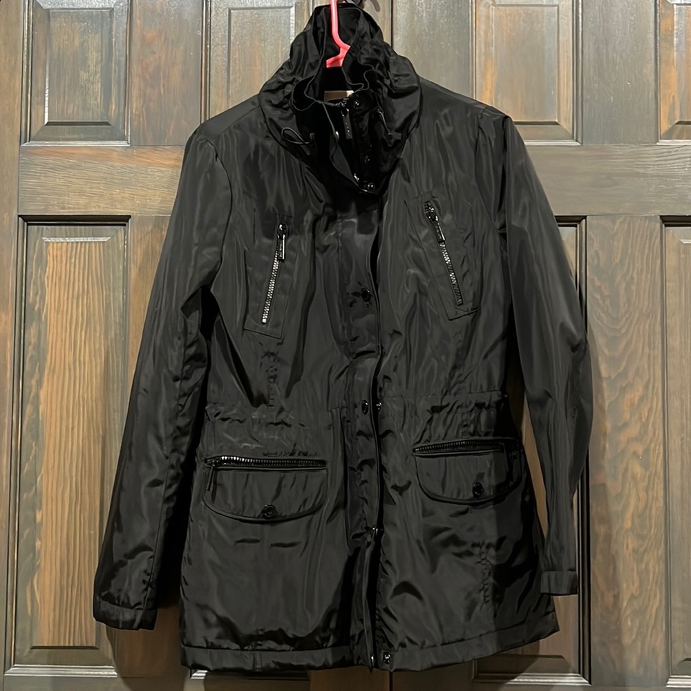 Women’s Michael Kors black rain jacket size small with buttons and zippers